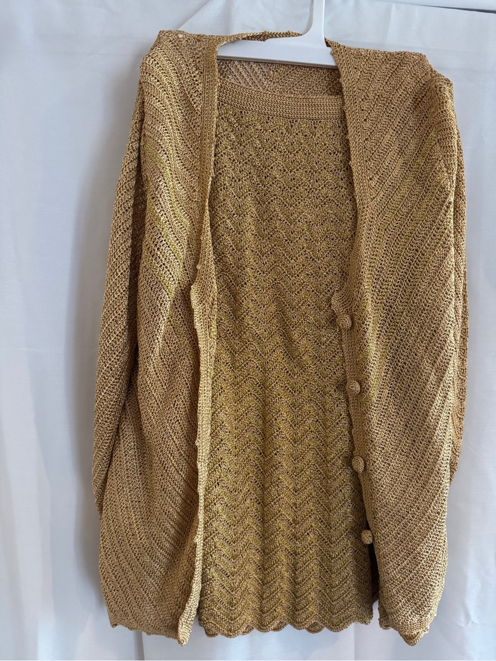 Gold  Openwork Knit Cardigan Sweater and Skirt combo. Vintage. Handmade